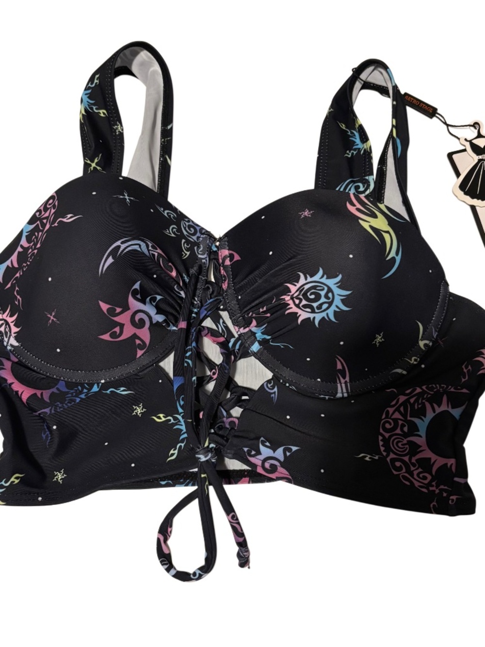 Retro Stage 1980s Strap Neon Nebula Print Gothic Bikini Top Sz MD NWT